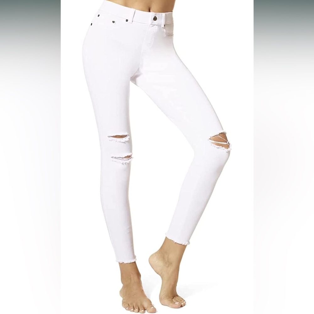 White fringed bottom skinny jeans